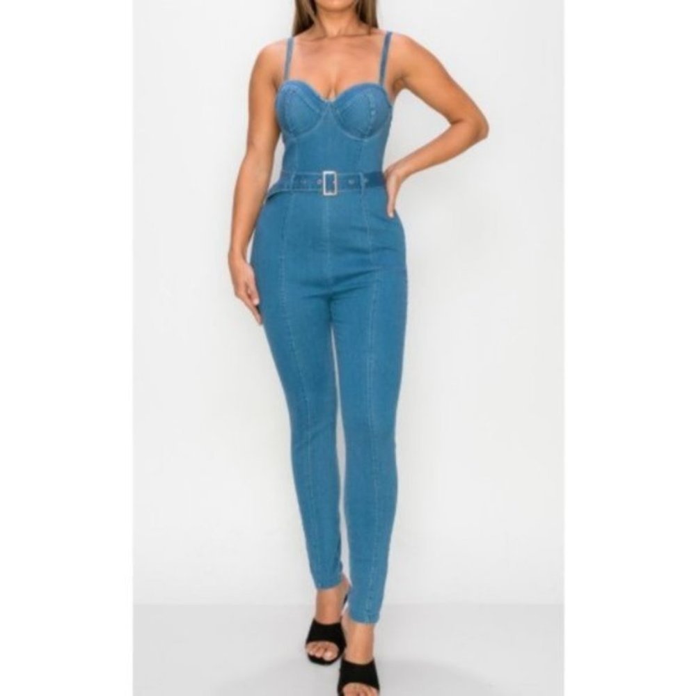 🆕Belted Cami Skinny Denim Jumpsuit